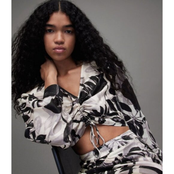 AllSaints Carla Jackie Ruched Crop Top Silk Blend Ecru White & Black SZ 10 NEW - Picture 5 of 6